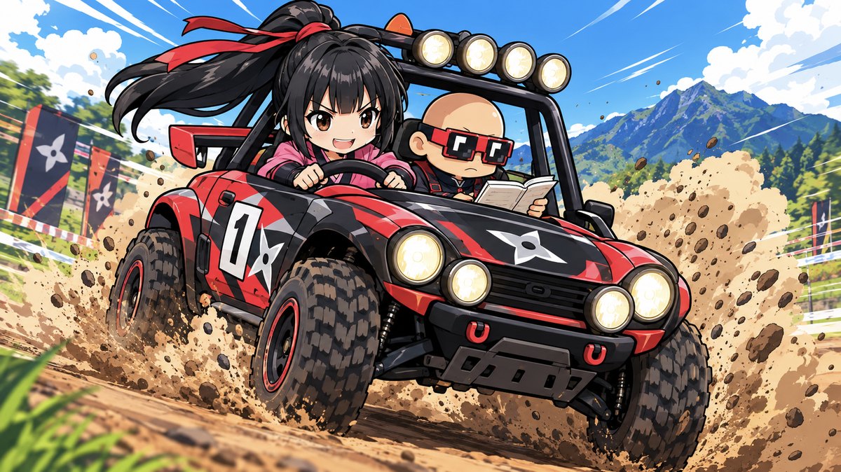 ラリーカーを運転する咲耶とノグルズのナビゲーター